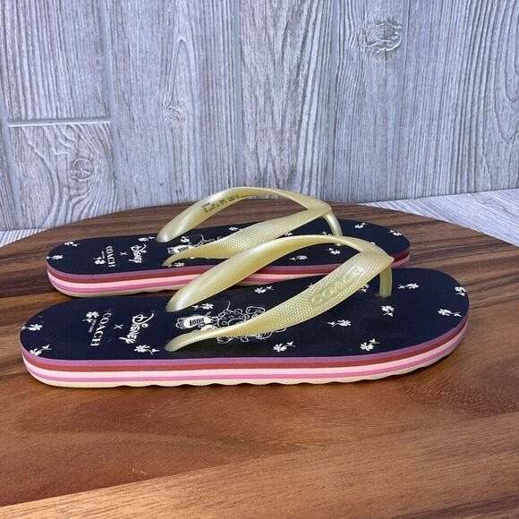 Coach X Disney Minnie Mouse Navy Blue Floral Thong Flip Flops Sandals Women's 7B - Picture 5 of 9